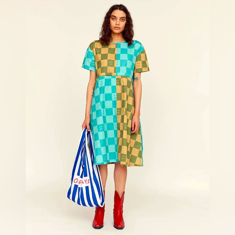 Lazy Oaf Happy Sad colorblock checkered dress two tone medium large UK10 6